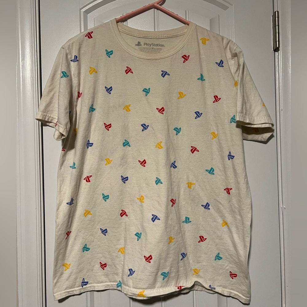 Sony Cream T-Shirt with Colorful Logo Pattern